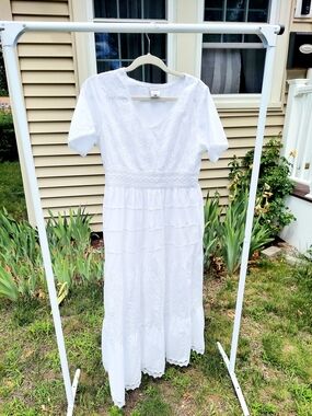 Ananta 100%Cotton White Embroided Eyelet V-Neck Maxi Dress Women Sizes S/M L/XL